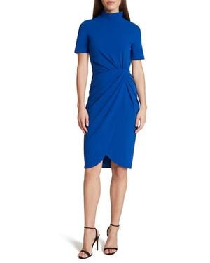 Tahari Mock Neck Stretch Crepe Sheath Dress - Blue