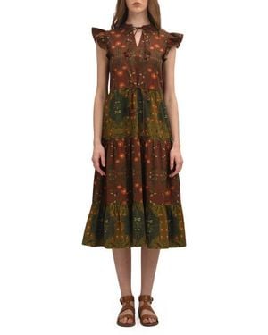 CELINA MOON Woodland Floral Long Sleeve Midi Dress - Black