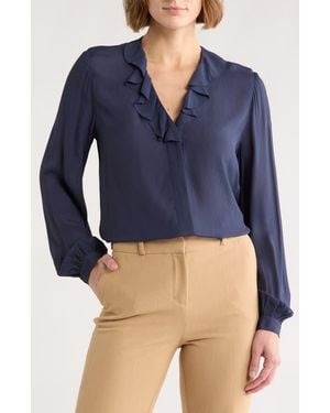 Brooks Brothers Ruffle Trim Crepe Button-Up Top - Blue