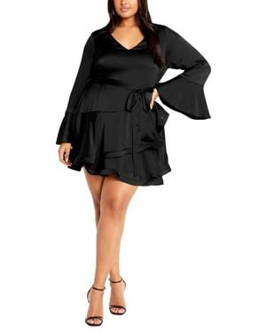 City Chic Cherrie Tie Belt Long Sleeve Satin Minidress - Black