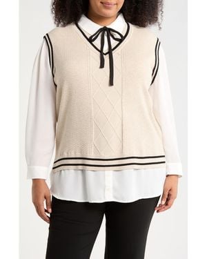 Adrianna Papell V-Neck Twofer Sweater - Natural