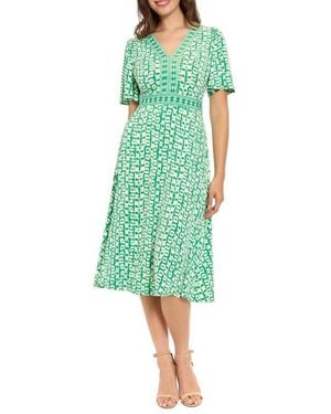 London Times Flutter Sleeve A-Line Midi Dress - Green