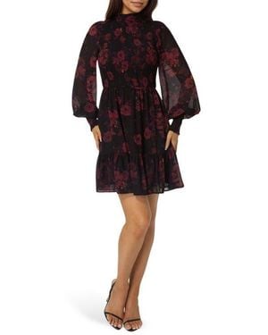 Bebe Floral Smocked Long Sleeve Chiffon Minidress - Black