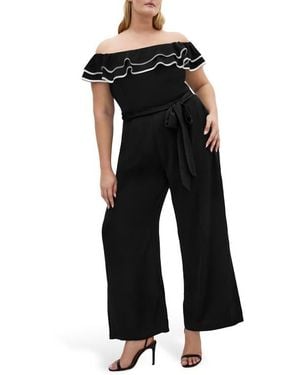 City Chic Demure Frill Off The Shoulder Jumpsuit - Black