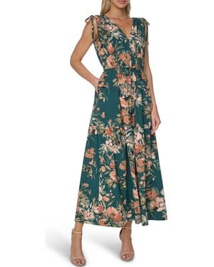 Calvin Klein Floral Print Tie Strap Maxi Dress - Green