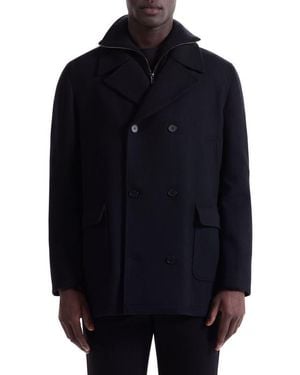 Bugatchi Leather Trim Wool Blend Tweed Peacoat - Blue