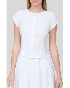 Blu Pepper Lace Trim Cap Sleeve Button-Up Top - White