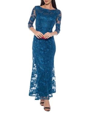 Marina Floral Embroidered Mesh Gown - Blue