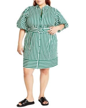 City Chic May Stripe Stretch Poplin Shirtdress - Green