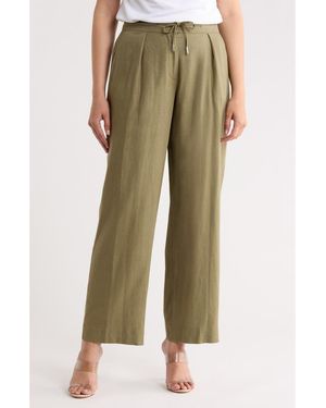 DKNY Pleated Linen Drawstring Wide Leg Pants - Green