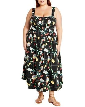 City Chic Almay Square Neck Button Front Stretch Cotton Sundress - Black