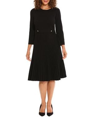 London Times Long Sleeve Pleated Flare Skirt Dress - Black