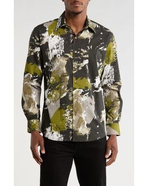 Von Dutch Abstract Print Long Sleeve Button-Up Shirt - Green
