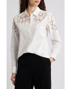 Tahari The Kira Floral Appliqué Button-Up Shirt - White