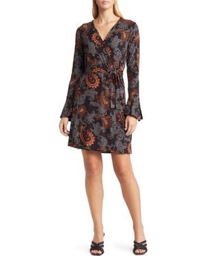 Loveappella Paisley Long Sleeve Faux Wrap Dress - Black