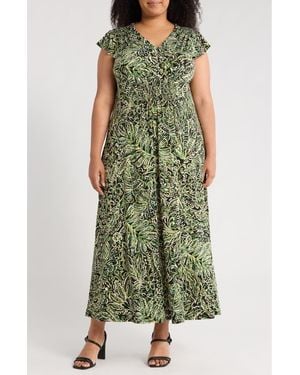 London Times V-Neck Flutter Sleeve Maxi Dress - Green