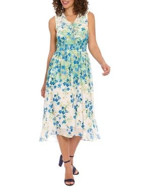 London Times Floral Sleeveless Empire Waist Chiffon Midi Dress - Blue