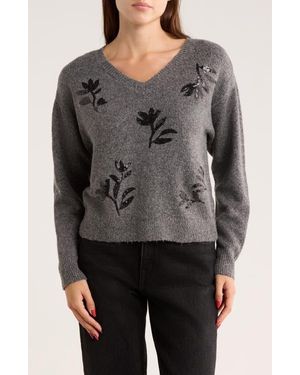 Gemma  Jane Floral Sequin V-Neck Sweater - Black