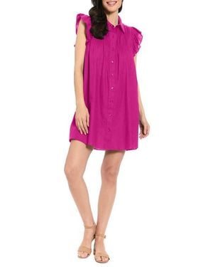 London Times Smocked Ruffle Cap Sleeve Linen Blend Shirtdress - Pink