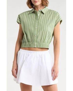 Current/Elliott Stripe Cap Sleeve Crop Button-Up Shirt - Green