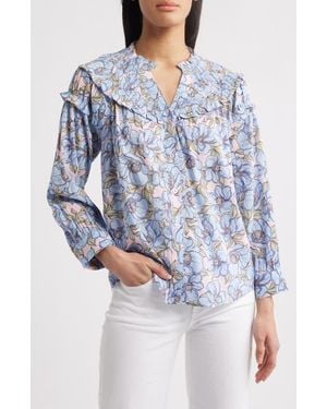 Wit & Wisdom Floral Print Smocked Yoke Button-Up Top - Blue