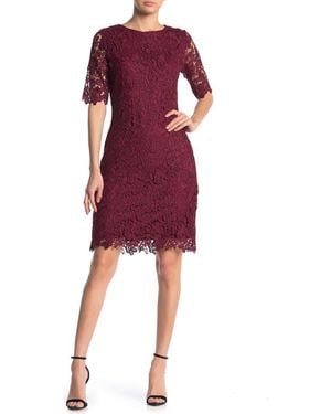 Nina Leonard Jewel Neck Lace Dress - Red