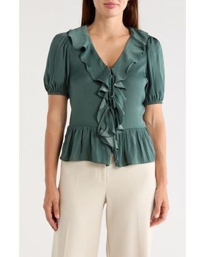 Tahari Puff Sleeve Ruffle Peplum Top - Green