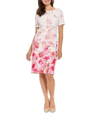 London Times Floral Tie Neck Short Sleeve Sheath Dress - Red