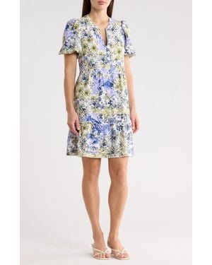 Connected Apparel Floral Puff Sleeve Tiered Dress - Blue
