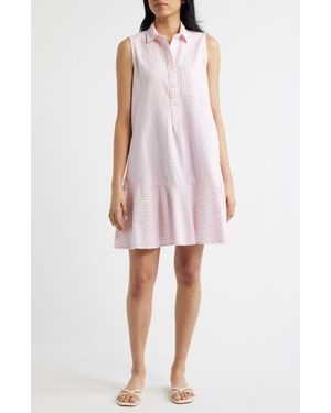 Beach Lunch Lounge Marina Stripe Sleeveless Cotton Shirtdress - Pink