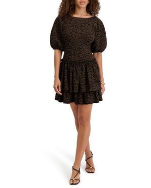 Kensie Leopard Print Puff Sleeve Fit & Flare Minidress - Black