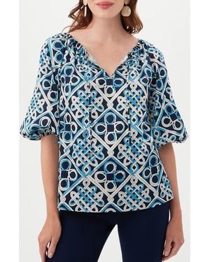 Trina Turk Vista Las Palmas Organic Cotton Elbow-Length Puff Sleeve Top - Blue