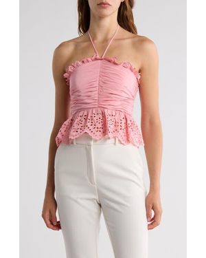 Ramy Brook Michelle Eyelet Peplum Halter Top - Pink