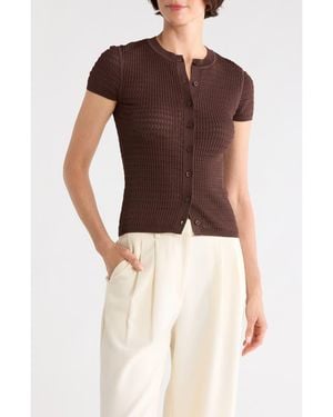 Calvin Klein Pointelle Short Sleeve Button Front Cardigan - Brown