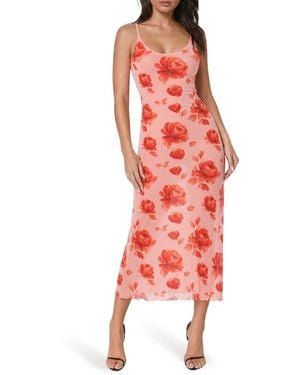 Bebe Printed Mesh V-Neck Maxi Dress - Red