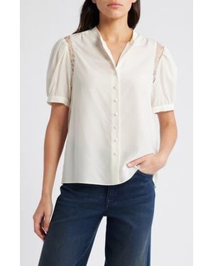 FRAME Lace Inset Silk Button-Up Shirt - White