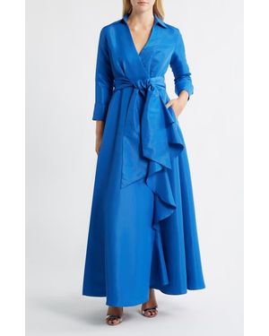 Betsy & Adam Long Sleeve Taffeta Gown - Blue