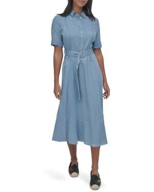 DKNY Belted Drop Waist Denim Midi Dress - Blue