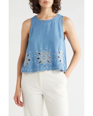 Tahari Eyelet Embroidered Chambray Shell - Blue