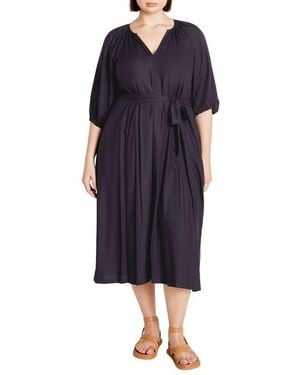 City Chic Davina Puff Sleeve Tie Waist Midi Dress - Blue