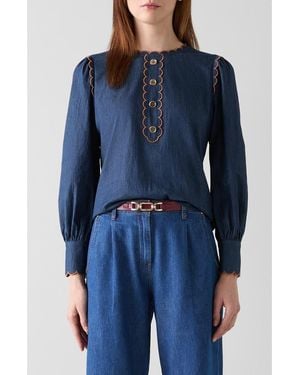 LK Bennett Jenny Scallop Denim Top - Blue