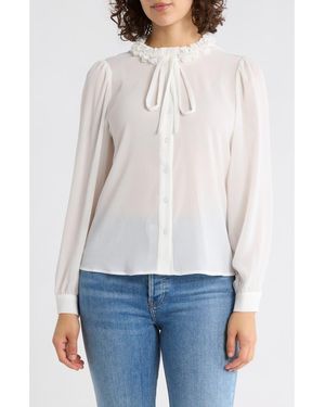 Adrianna Papell Flower Tie Neck Button-Up Shirt - White