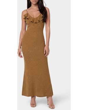 Bebe Sequin Knit Ruffle Trim Maxi Dress - Brown