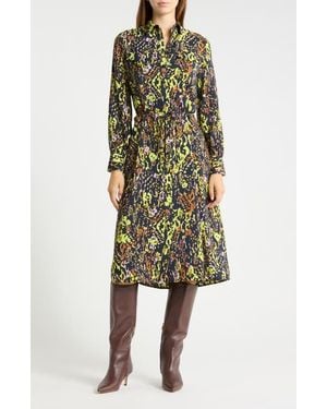 Ichi Animal Print Long Sleeve Shirtdress - Green