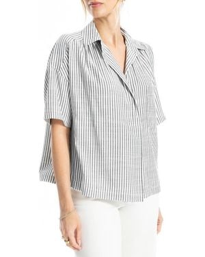 Max Studio Split Neck Collar Short Sleeve Top - Gray