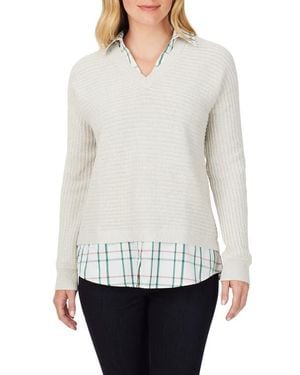 Foxcroft Layered Plaid Trim Cotton Sweater - White