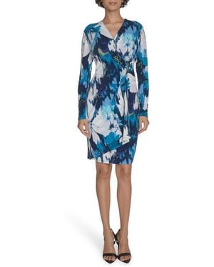 Calvin Klein Floral Long Sleeve Faux Wrap Dress - Blue