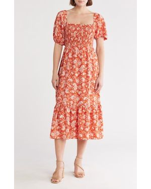 Melrose and Market Smocked Puff Sleeve Midi Dress - Red