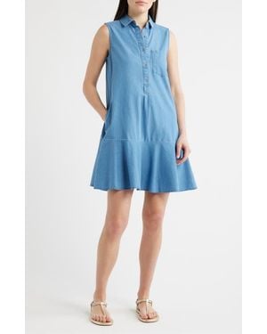 Beach Lunch Lounge Zurina Sleeveless Cotton Chambray Shirtdress - Blue