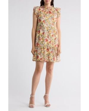 MELLODAY Floral Flutter Sleeve Tiered Dress - Natural